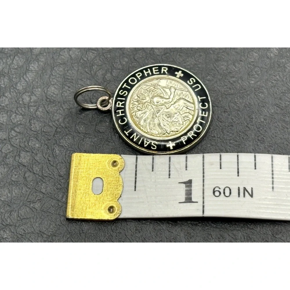 Saint Christopher Protect Us Two-Tone Enamel Medal Pendant Silver Plate